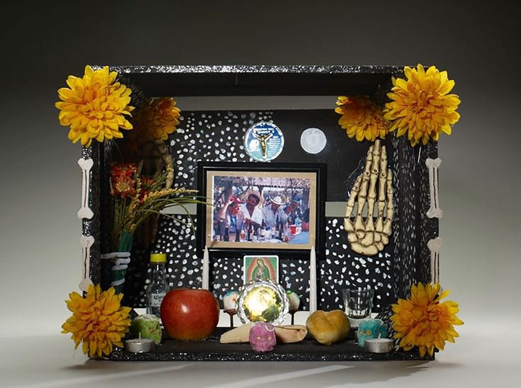 dia de muertos altar in a shoebox